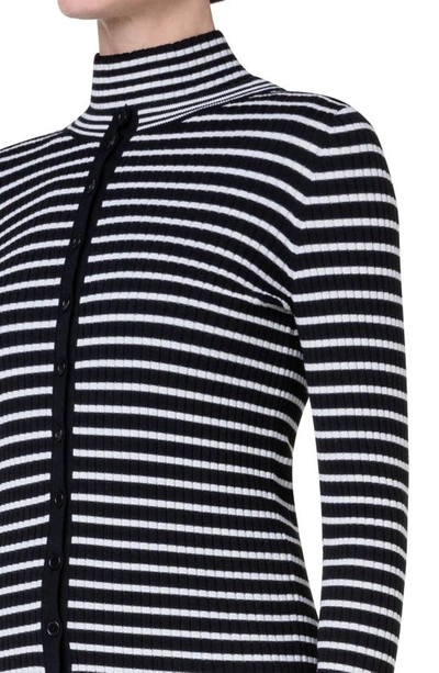 Akris Punto Stripe Virgin Wool Rib Cardigan In Black/ Cream