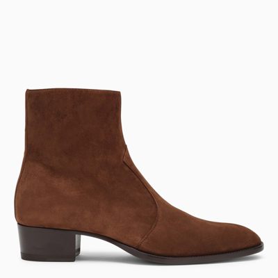 Shop Saint Laurent | Land Suede Ankle Boot In Brown