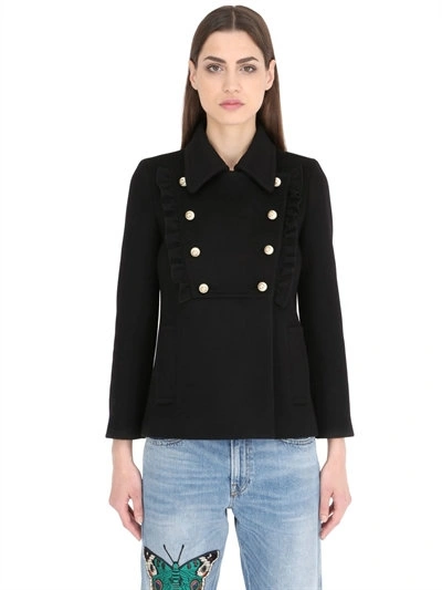 Shop Gucci Double Breasted Wool Coat With Ruffles, Black