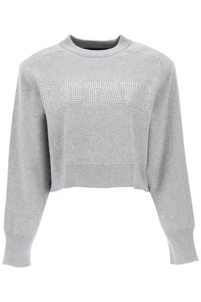 Shop Rotate Birger Christensen Rotate Cropped Sweater With Rhinestone-studded Logo In Grey
