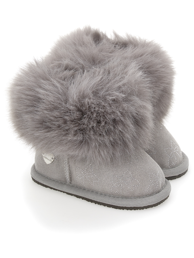Monnalisa Crust Leather Boots With Rhinestone Bows In Grey