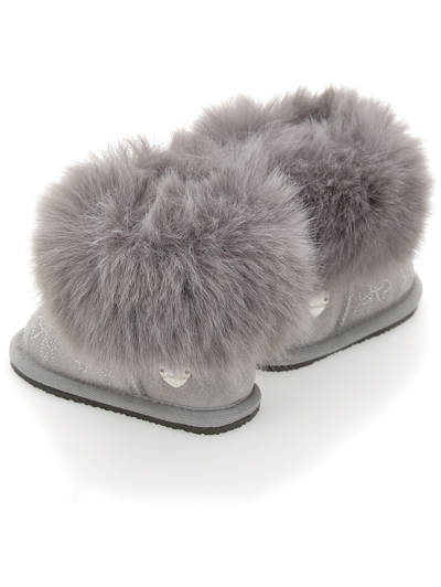 Monnalisa Crust Leather Boots With Rhinestone Bows In Grey