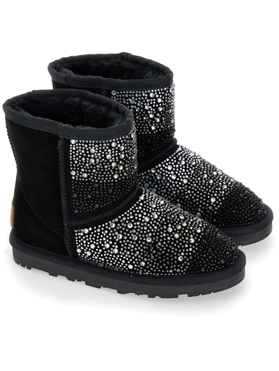 Monnalisa Crust Leather Boot With Rhinestones In Black