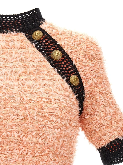 Shop Balmain Logo Button Tweed Top Tops Pink
