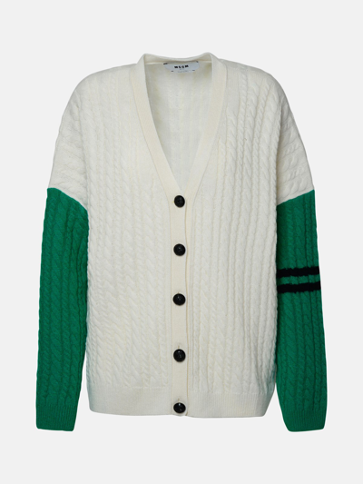 Msgm Colour-block Cable-knit Cardigan In White