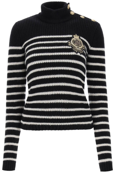 Shop Balmain Striped Sweater With Logo Patch In Noir Naturel (black)