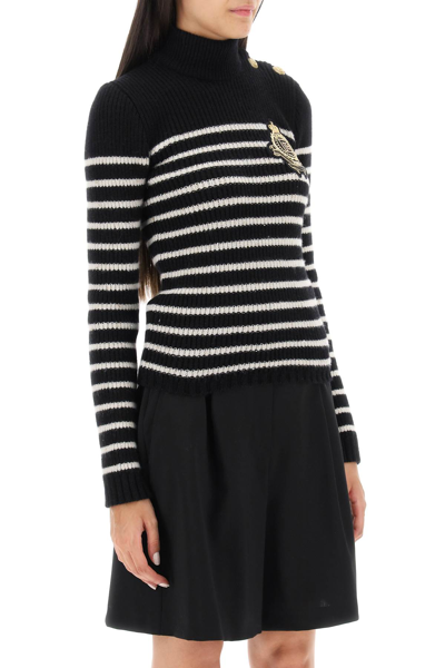 Shop Balmain Striped Sweater With Logo Patch In Noir Naturel (black)