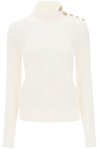 Shop Balmain Sweater In Monogram Knit In Blanc Blanc (white)