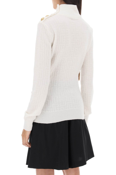 Shop Balmain Sweater In Monogram Knit In Blanc Blanc (white)