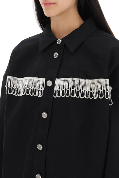 Shop Rotate Birger Christensen Overshirt With Crystal Fringes In Black (black)