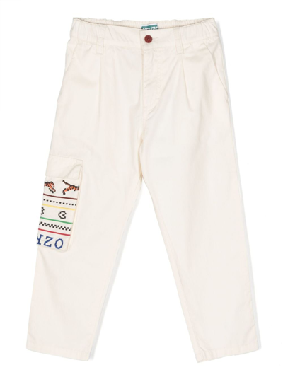 Shop Kenzo Logo-embroidered Cotton Trousers In Neutrals