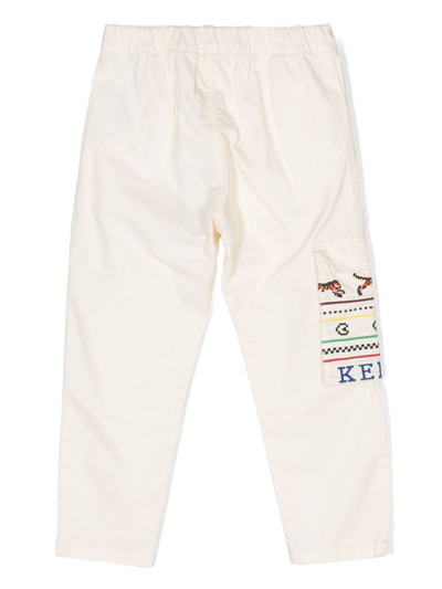 Shop Kenzo Logo-embroidered Cotton Trousers In Neutrals