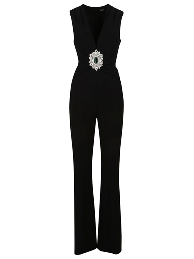Shop Balmain Crepe Embellished Jumpsuit In Black