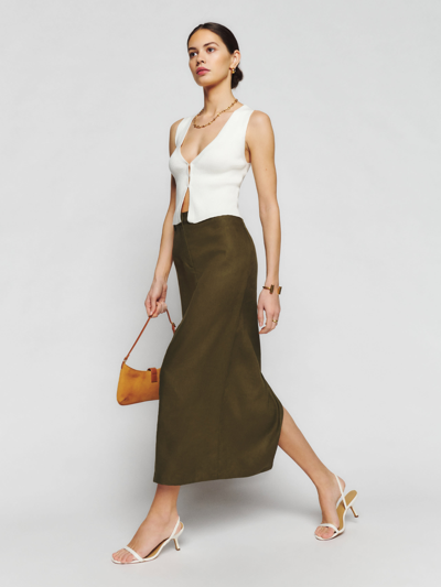 Shop Reformation Gia Linen Skirt In Dark Olive