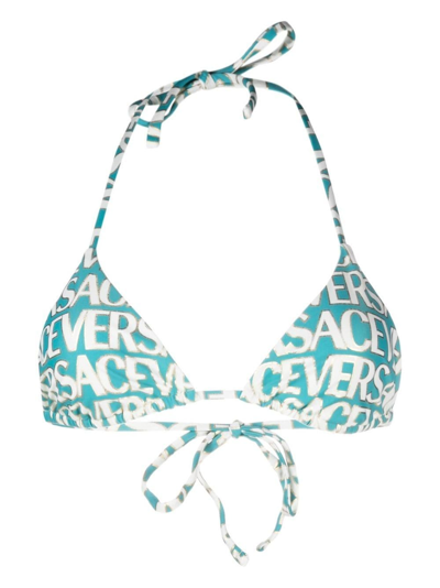 Shop Versace Turquoise Logo Print Bikini Top  Stretch Design In Blue