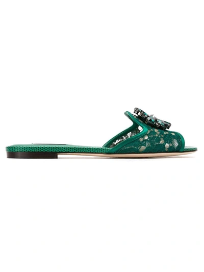 Shop Dolce & Gabbana Crystal Lace Flat Sandals In Green