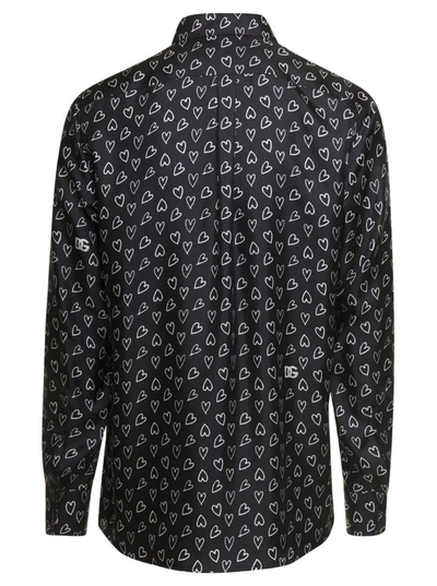 Shop Dolce & Gabbana Black Shirt With All-over Dg Heart Print In Silk Man