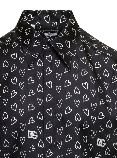 Shop Dolce & Gabbana Black Shirt With All-over Dg Heart Print In Silk Man