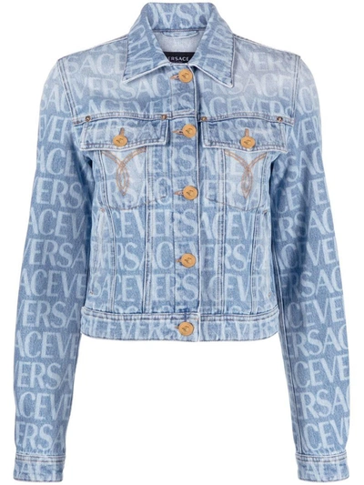 Shop Versace Denim Jacket With Logo Print