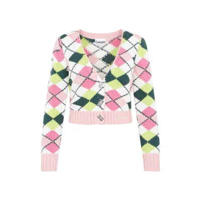 Shop Ganni Graphic V Neck Cardigan Sweater In Multicolour