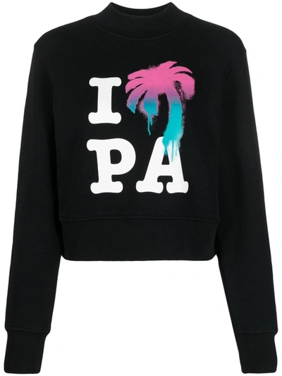 Shop Palm Angels I Love Pa Cotton Crewneck Sweatshirt In Black