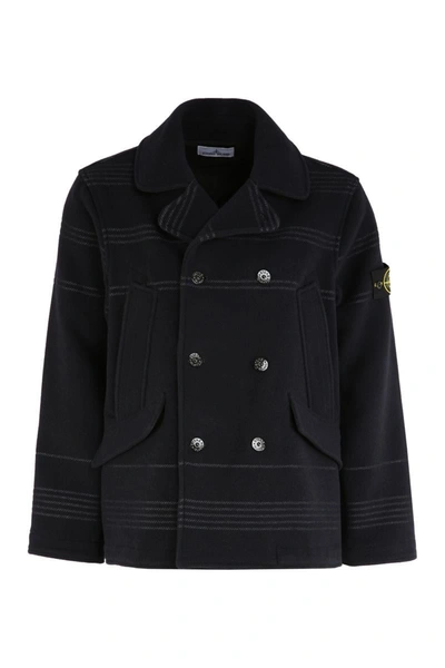 Shop Stone Island Wool Blend Double-breasted Coat In Blue