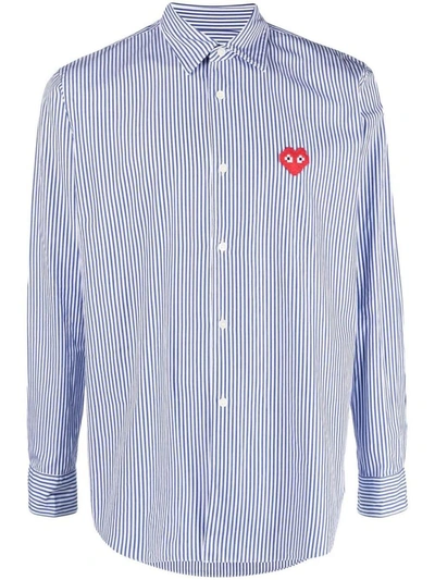 Shop Comme Des Garçons Play Invader Edition Striped Red Heart Shirt In Blue