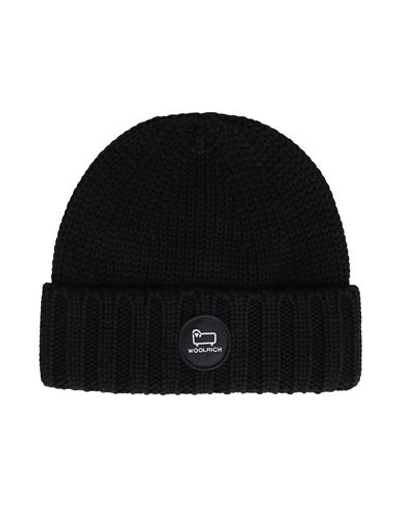 Shop Woolrich Merino Wool Logo Beanie Hat Black Size L Virgin Wool