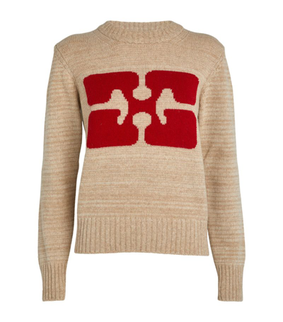 Shop Ganni Wool-blend Butterfly Sweater In Neutral