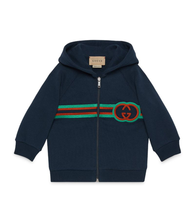 Shop Gucci Kids Embroidered Hooded Jacket (0-36 Months) In Blue