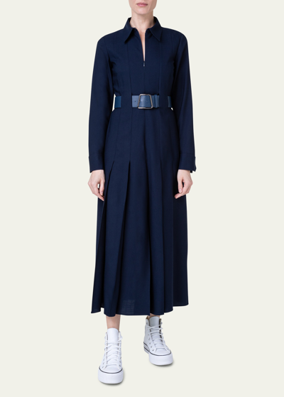 Shop Akris Wool Zip-front Midi Dress With Leather Belt In Navy
