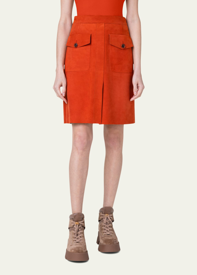 Shop Akris Napparized Lamb Suede Short Skirt In Rustic Red