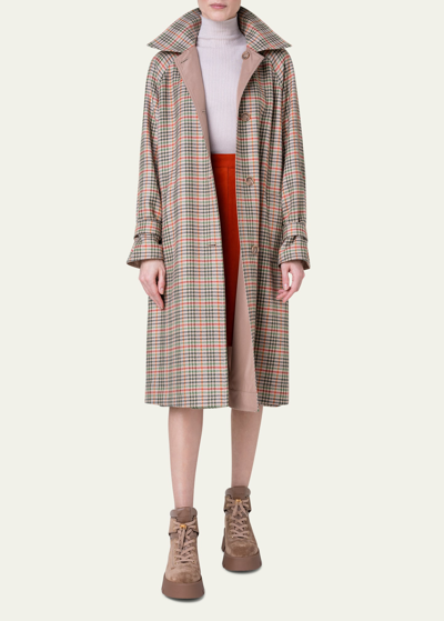 Shop Akris Reversible Wool Check Trench Coat With Silk Taffeta Lining In Camel-multicolor
