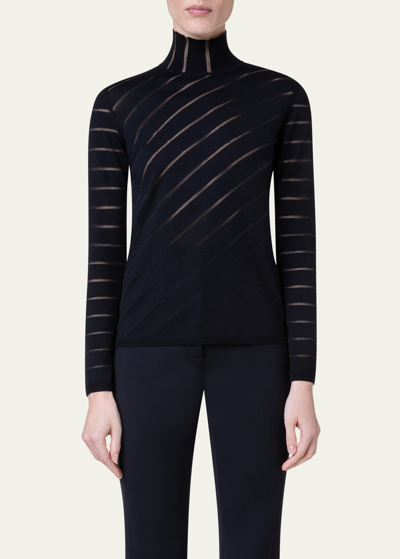 Shop Akris Diagonal Stripe Fitted Mock-neck Sweater In Black