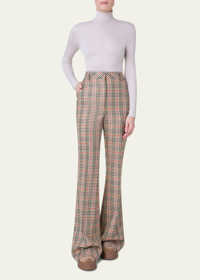 Shop Akris Fares High-waist Wool Check Bootcut Pants In Camel-multicolor