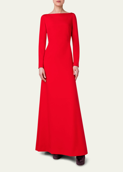 Shop Akris Red Long-sleeve Godet Back Gown In Ruby Red