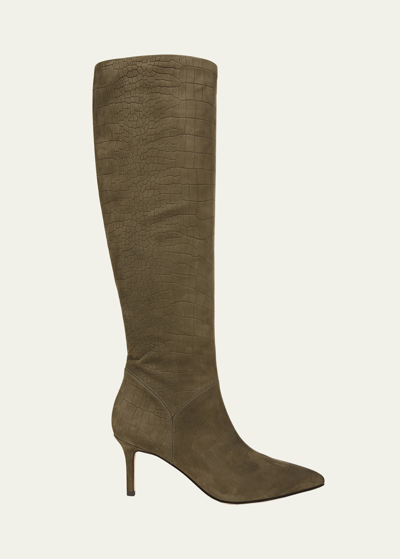 Shop Veronica Beard Lexington Croco Stiletto Knee Boots In Khaki