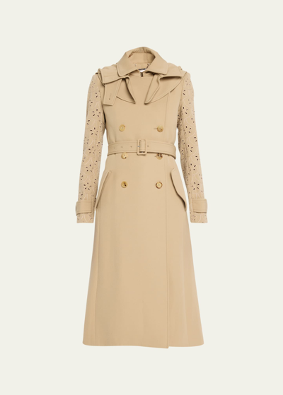 Shop Chloé Belted Wool Trench Coat With Eyelet-embroidered Sleeves In Pearl Beige