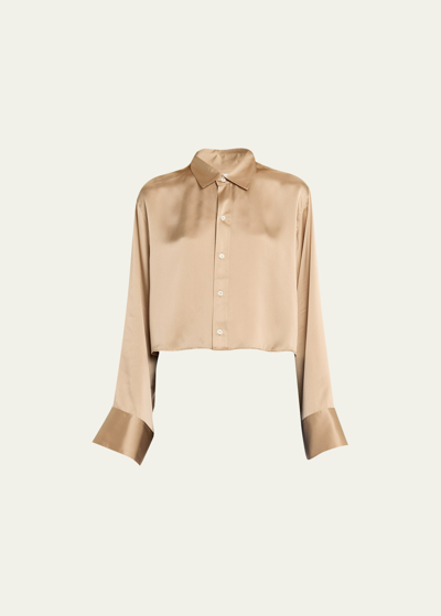 Shop Frame Cropped Silk Wide-sleeve Shirt In Khaki Tan