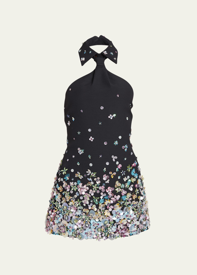 Shop Valentino Embroidered Crepe Couture Halter Mini Dress In Black Multi