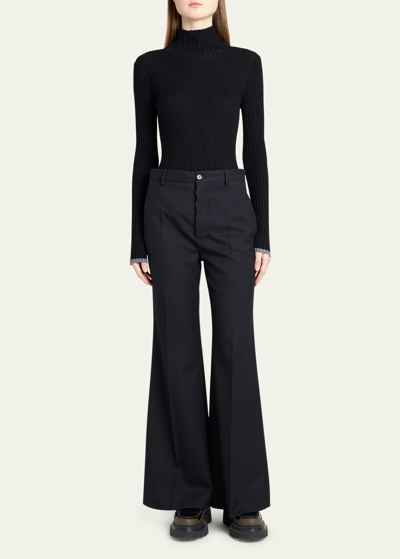 Shop Plan C Flared Wool Trousers In Navy Black