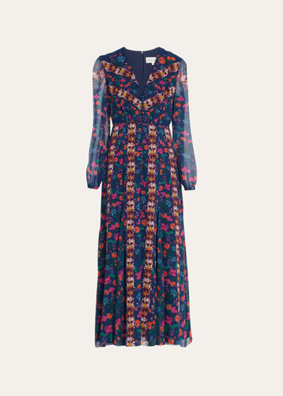 Shop Saloni Annabel-b Floral Silk Puff-sleeve Midi Dress In 1971-flori Marble