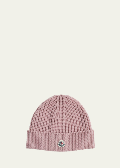 Shop Moncler Ribbed Wool Logo Beanie In Open Pink
