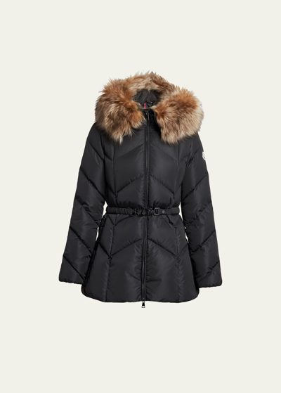 Shop Moncler Loriot Belted Puffer Jacket With Removable Faux Fur Ruff In Black