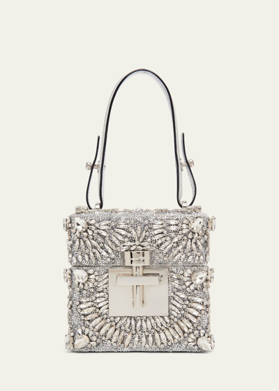 Shop Oscar De La Renta Alibi Cube Crystal Top-handle Bag In Silver