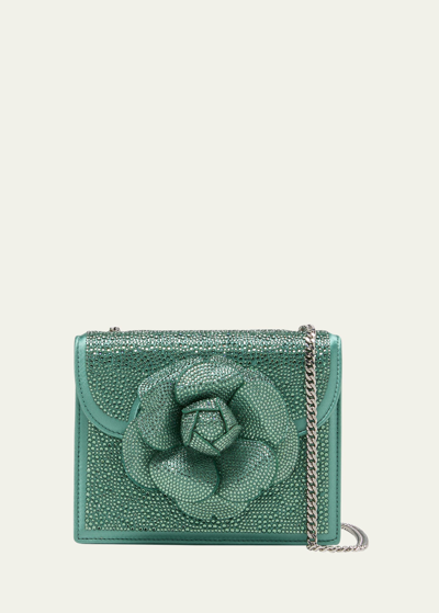 Shop Oscar De La Renta Mini Flower Crystal-embellished Crossbody Bag In Sage
