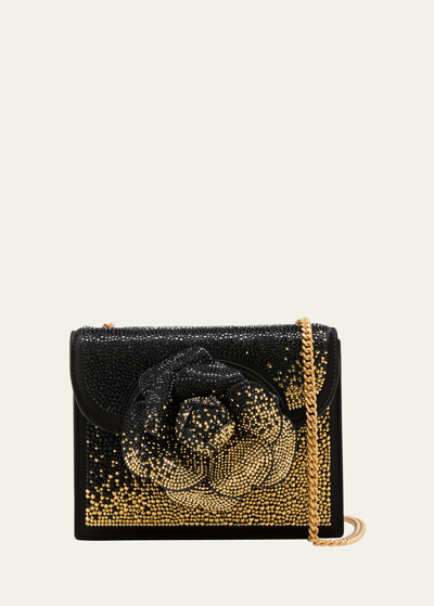 Shop Oscar De La Renta Tro Mini Two-tone Crystal Satin Crossbody Bag In Black Gold