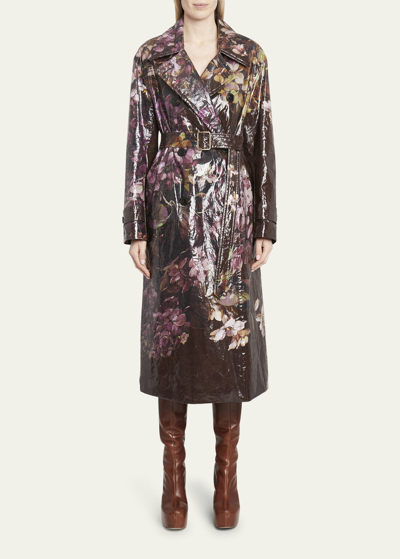 Shop Dries Van Noten Ronas Floral Lacquered Double-breasted Belted Trench Coat In Dark Brown