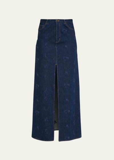 Shop Jason Wu Front-slit Embroidered Denim Maxi Skirt In Navy