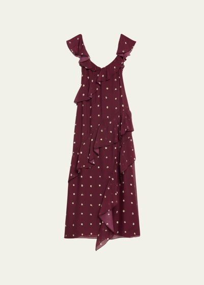 Shop Jason Wu Polka-dot Flutter-sleeve Midi Dress In Burgundy Multi